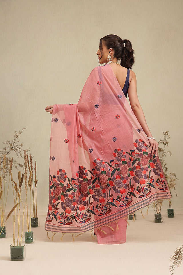 Pink Floral Woven Cotton Blend Saree (SZ-JMD39-PN-3159)