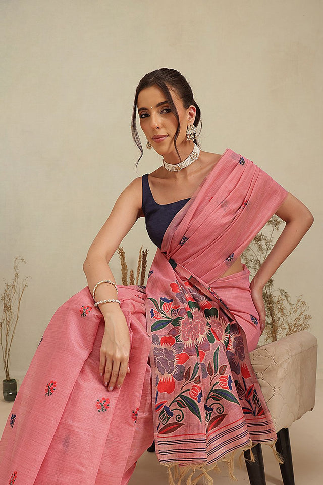 Pink Floral Woven Cotton Blend Saree (SZ-JMD39-PN-3159)