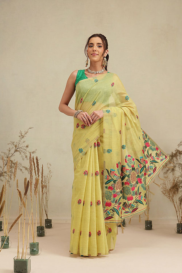 Yellow Floral Woven Cotton Blend Saree (SZ-JMD39-YL-3160)