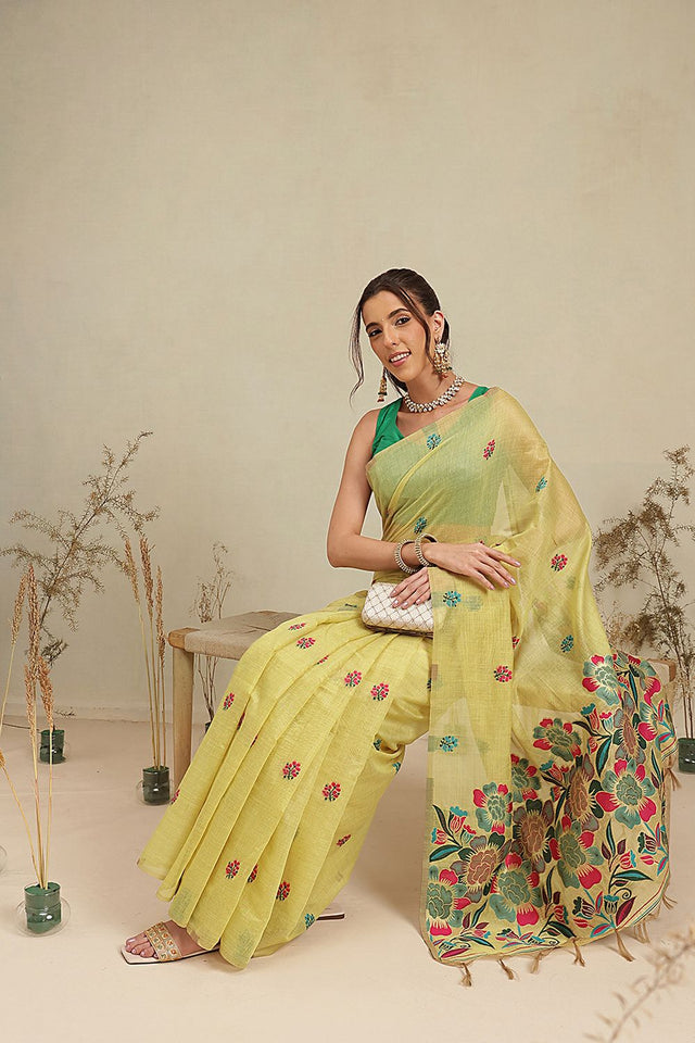 Yellow Floral Woven Cotton Blend Saree (SZ-JMD39-YL-3160)