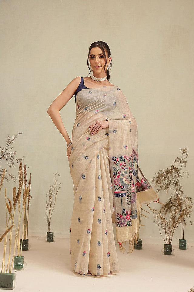 White Floral Woven Cotton Blend Saree (SZ-JMD40-BE-3161)