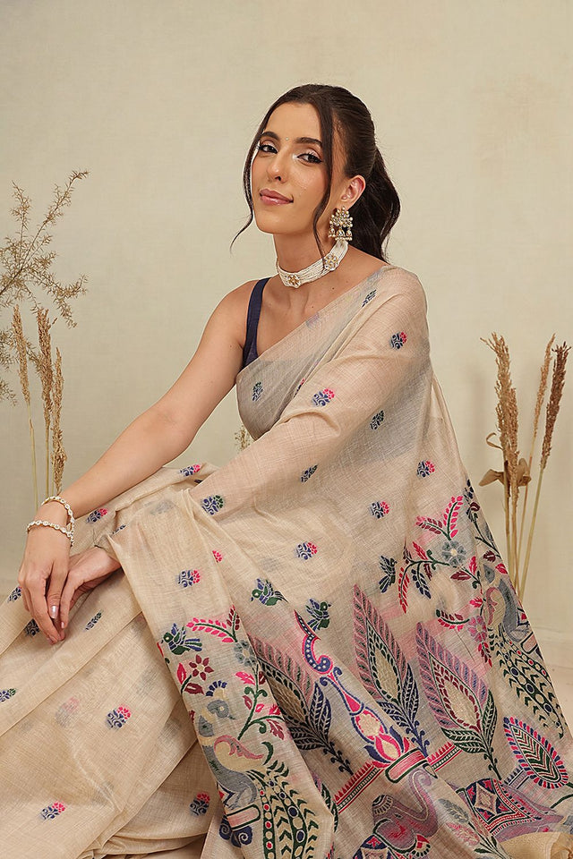 White Floral Woven Cotton Blend Saree (SZ-JMD40-BE-3161)