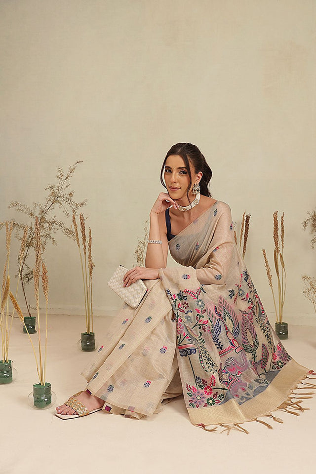 White Floral Woven Cotton Blend Saree (SZ-JMD40-BE-3161)