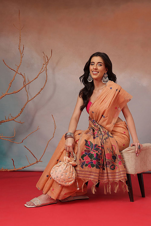 Peach Floral Woven Cotton Blend Saree (SZ-JMD41-PE-3163)