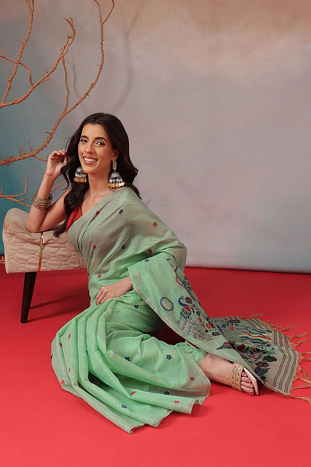 Green Floral Woven Cotton Blend Saree (SZ-JMD41-TL-3164)