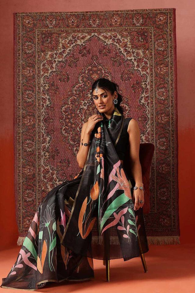 Black Floral Printed Cotton Blend Saree
