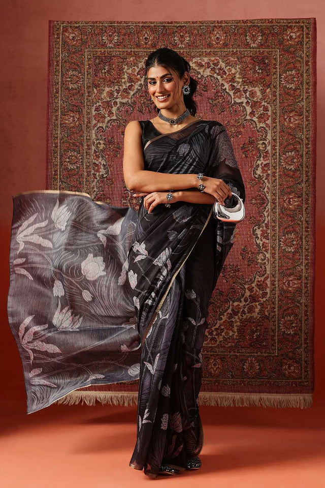 Grey Floral Printed Cotton Blend Saree