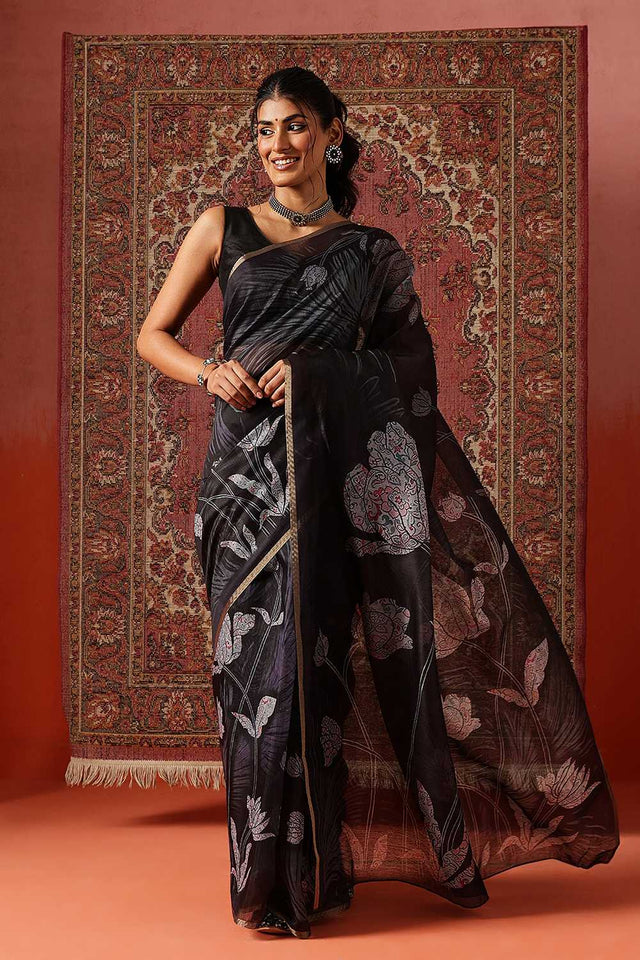 Grey Floral Printed Cotton Blend Saree