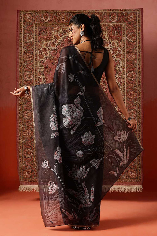 Grey Floral Printed Cotton Blend Saree