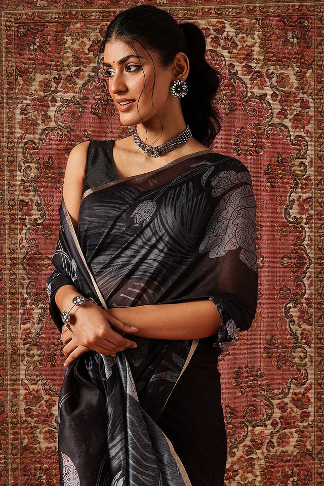 Grey Floral Printed Cotton Blend Saree