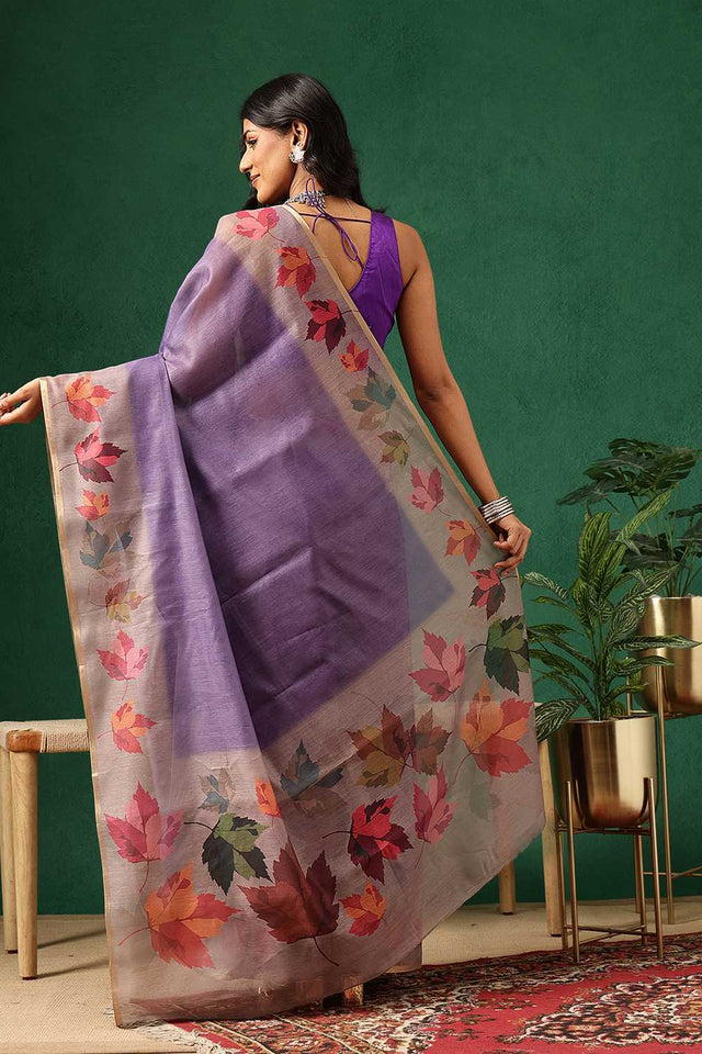 Beige Floral Printed Cotton Blend Saree