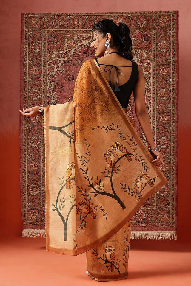 Mustard Floral Printed Cotton Blend Saree