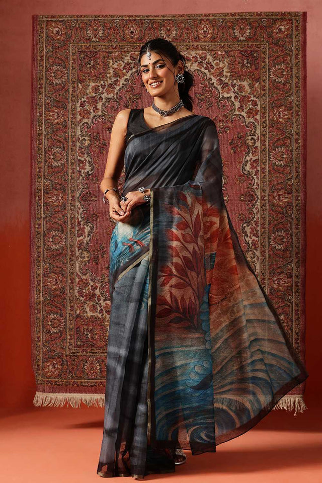 Turquoise Floral Printed Cotton Blend Saree