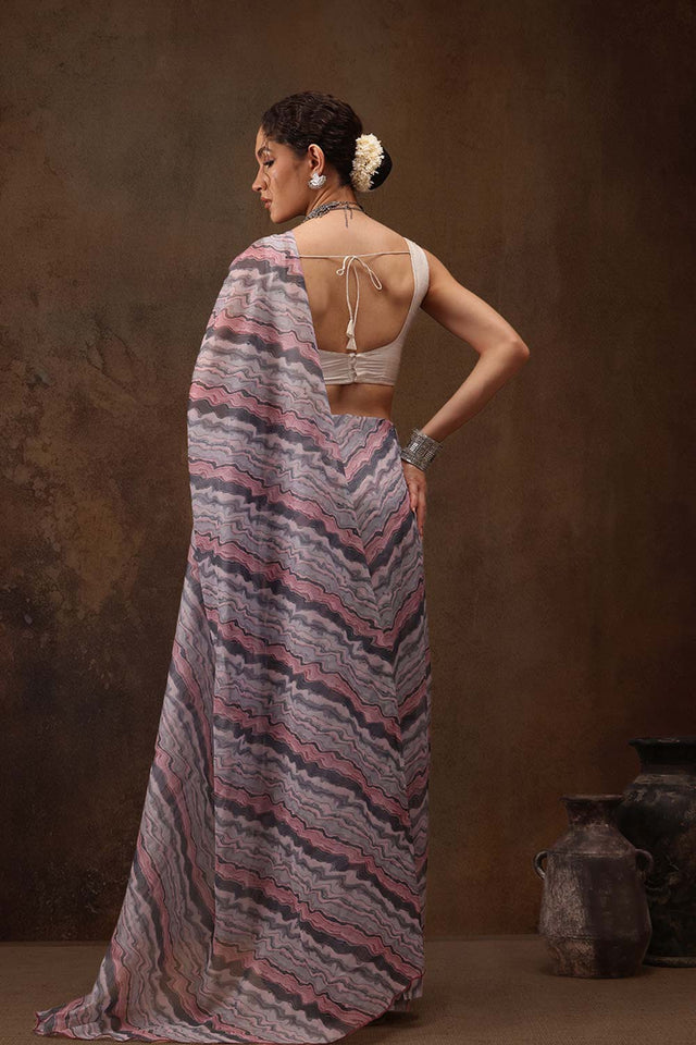 Grey Colored Soft Silk Abstract Printed Saree