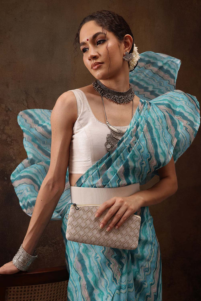 Teal Colored Soft Silk Abstract Printed Saree