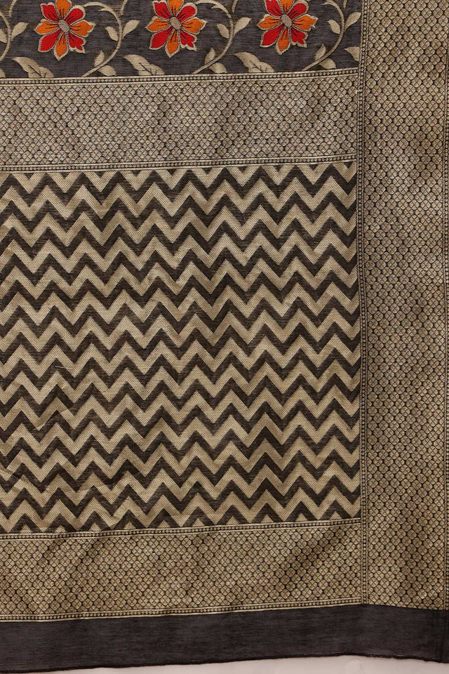 Black Cotton Woven Thread Floral Saree