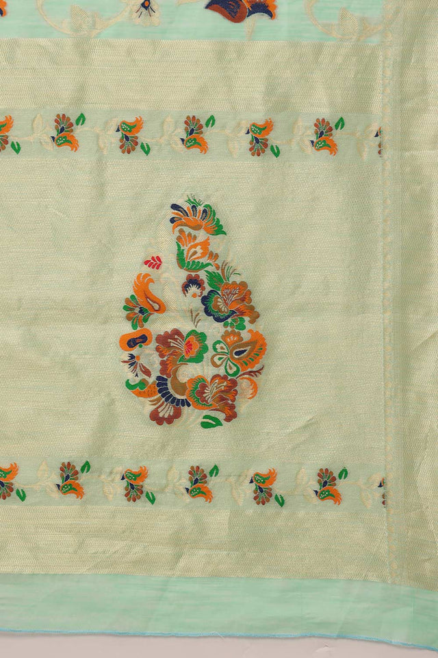Teal Cotton Woven Thread Floral Saree