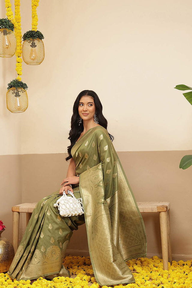 Olive Green Woven Soft Silk Saree (SZ-NOOR-1-OL-3079)