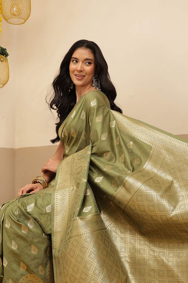 Olive Green Woven Soft Silk Saree (SZ-NOOR-1-OL-3079)