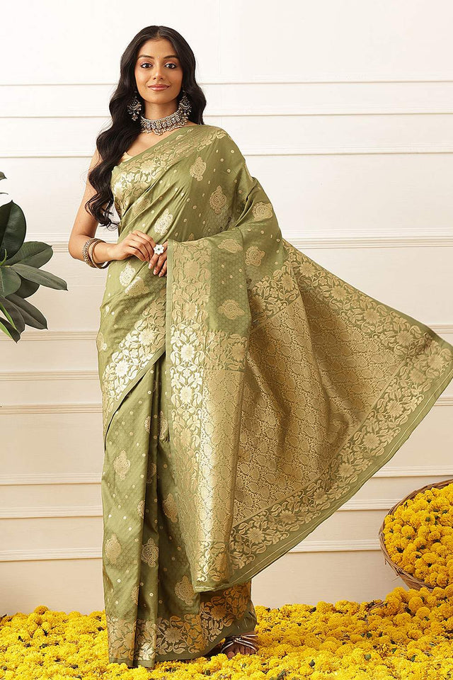 Olive Green Floral Woven Soft Silk Saree (SZ-NOOR-2-OL-3083)