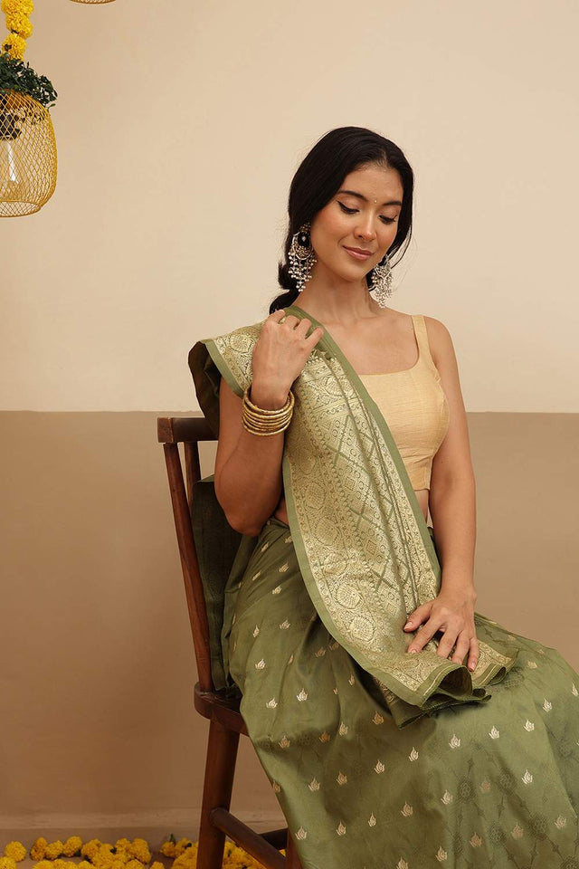 Olive Green Floral Woven Soft Silk Saree (SZ-NOOR-4-OL-3091)