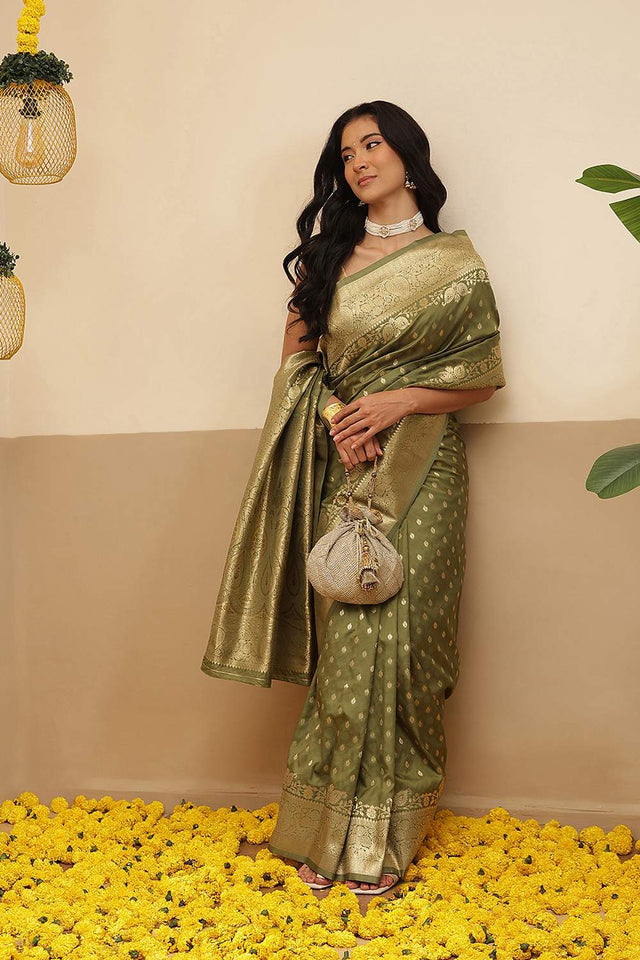 Olive Green Floral Woven Soft Silk Saree (SZ-NOOR-6-OL-3099)