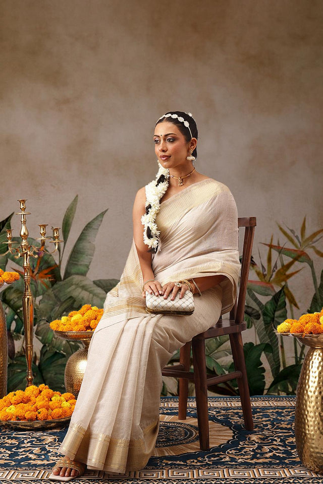 Beige Woven Cotton Blend Saree (SZ-ONAM30-3038)