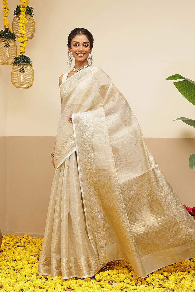 Beige Solid Zari Woven Tissue Saree (SZ-ONAM38-3125)