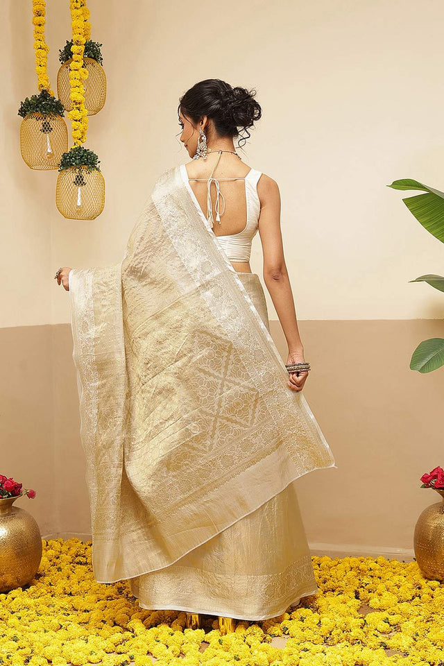 Beige Solid Zari Woven Tissue Saree (SZ-ONAM38-3125)