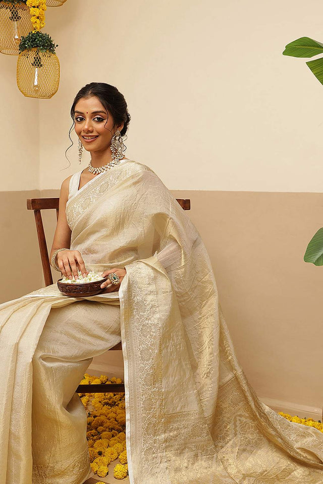 Beige Solid Zari Woven Tissue Saree (SZ-ONAM38-3125)
