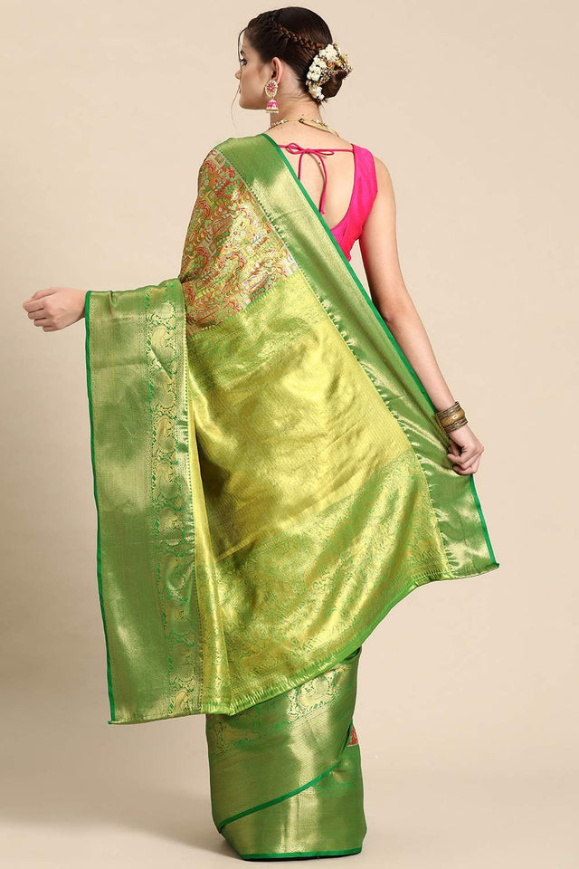Green Floral Printed Silk Saree