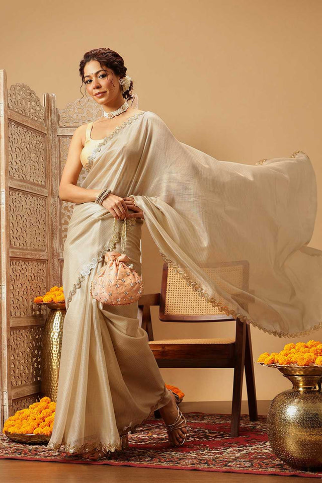 Beige Solid Muga Silk Saree