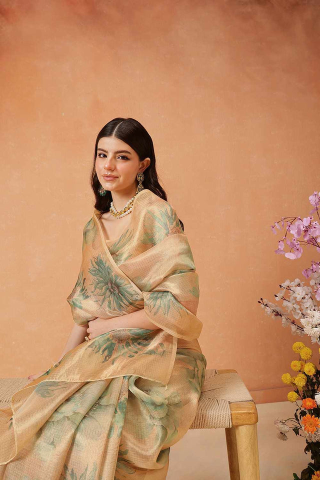 Beige Floral Printed Tissue Saree