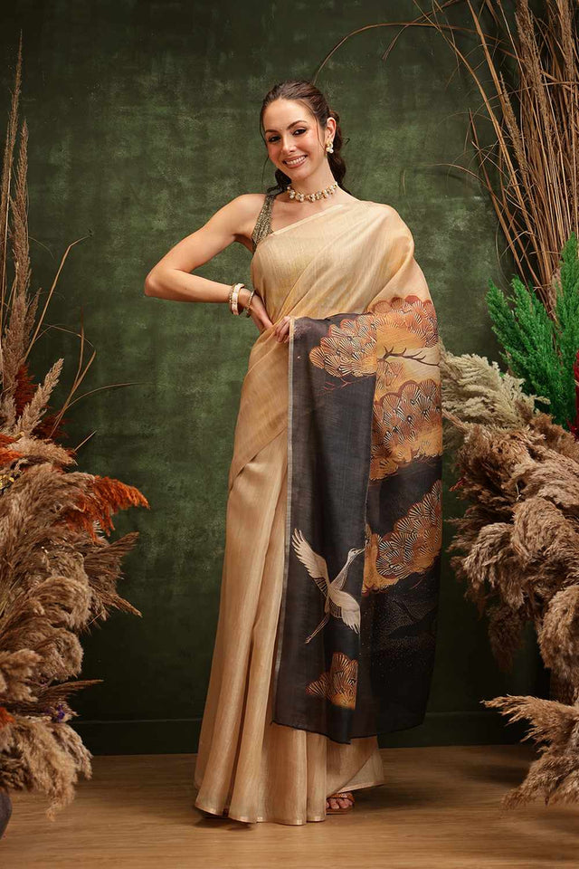 Blue Floral Printed Tissue Saree