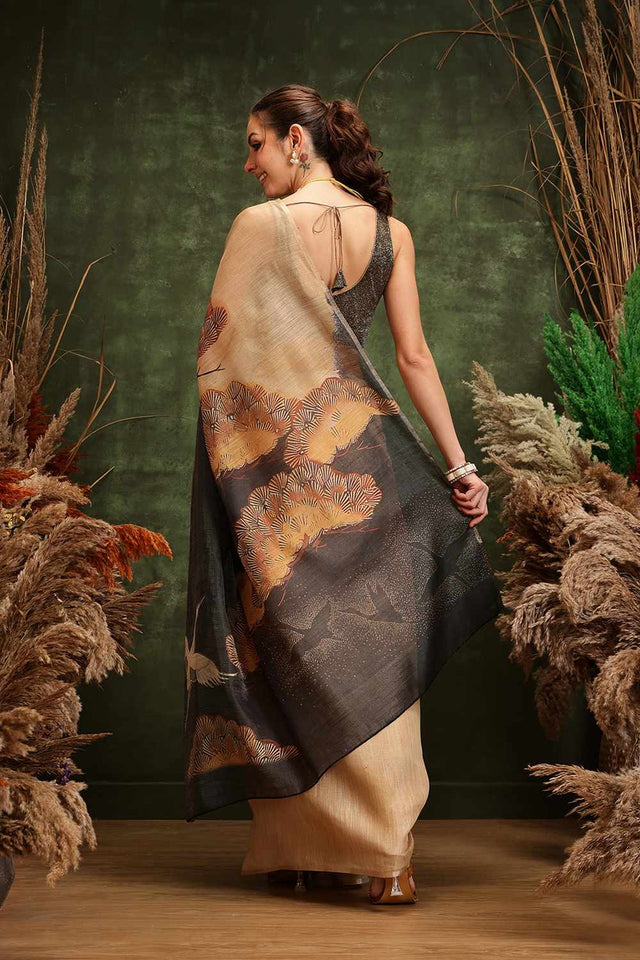 Blue Floral Printed Tissue Saree