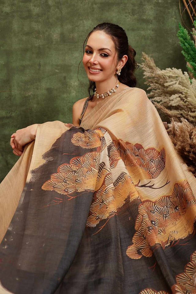 Blue Floral Printed Tissue Saree