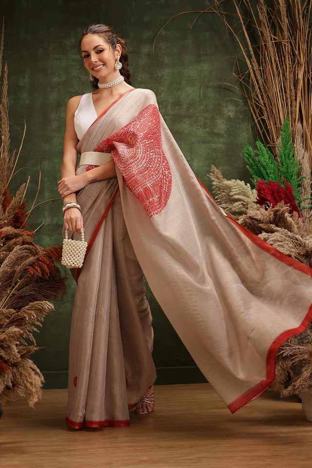 Beige Solid Tissue Saree