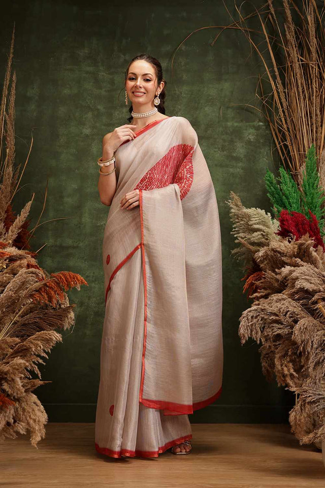 Beige Solid Tissue Saree