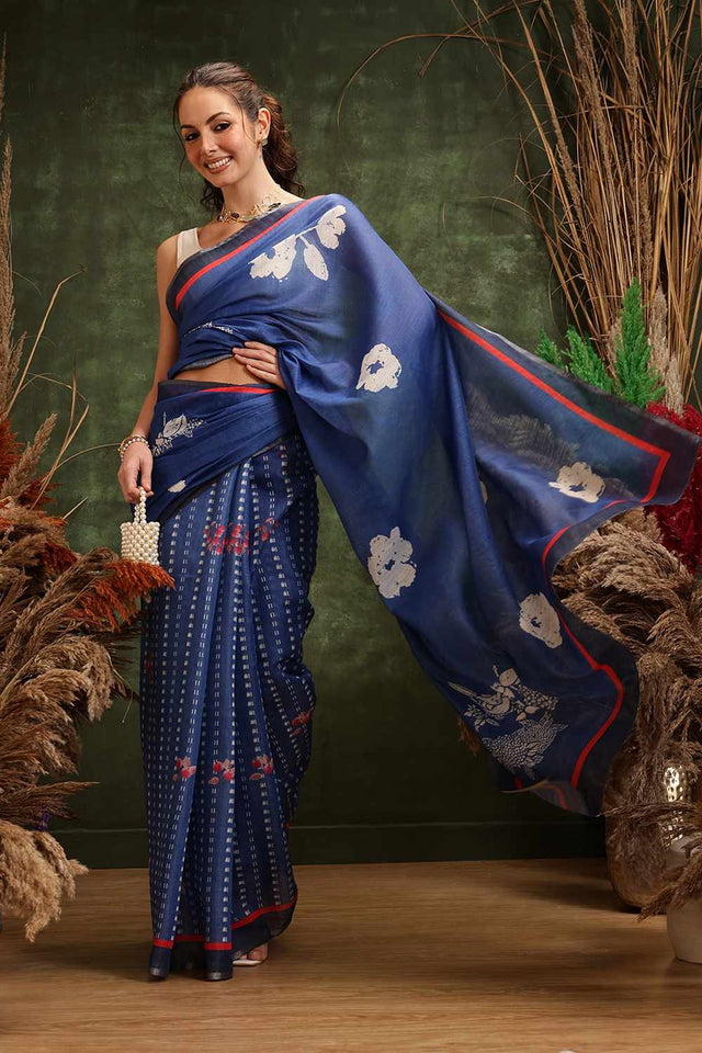 Blue Floral Printed Tissue Saree