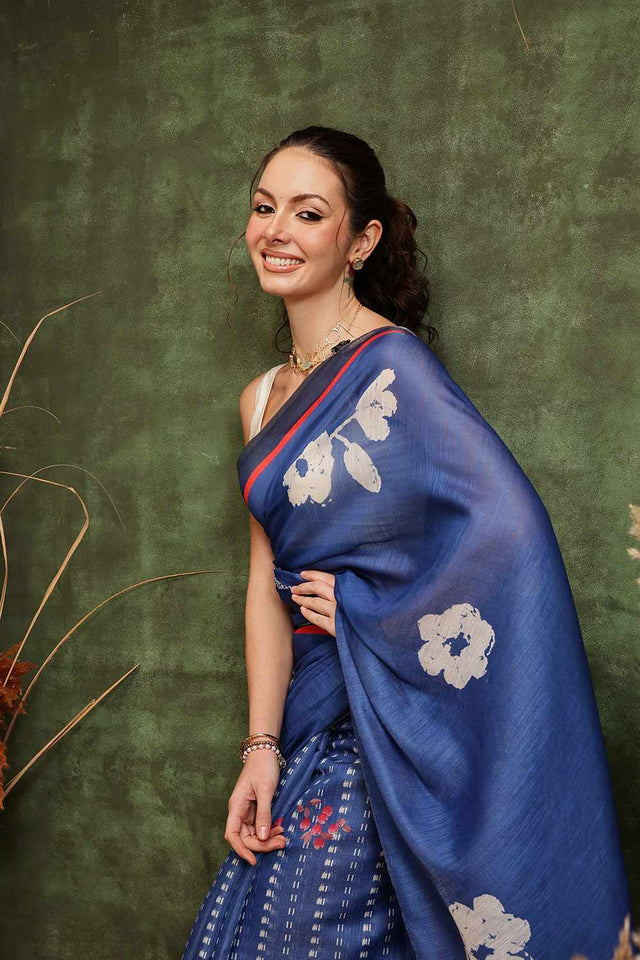 Blue Floral Printed Tissue Saree