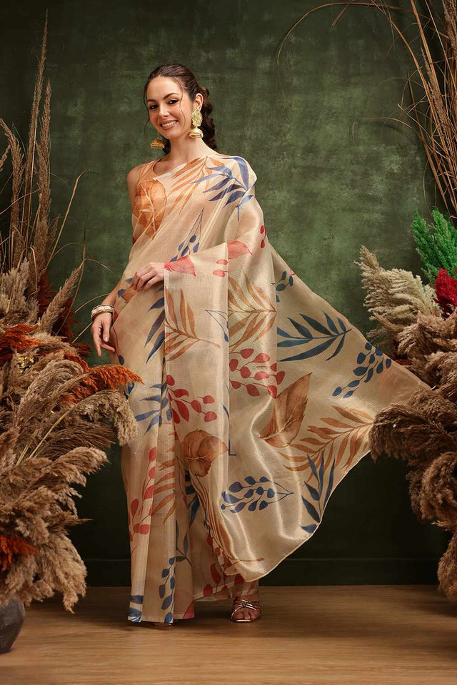 Beige Floral Printed Tissue Saree