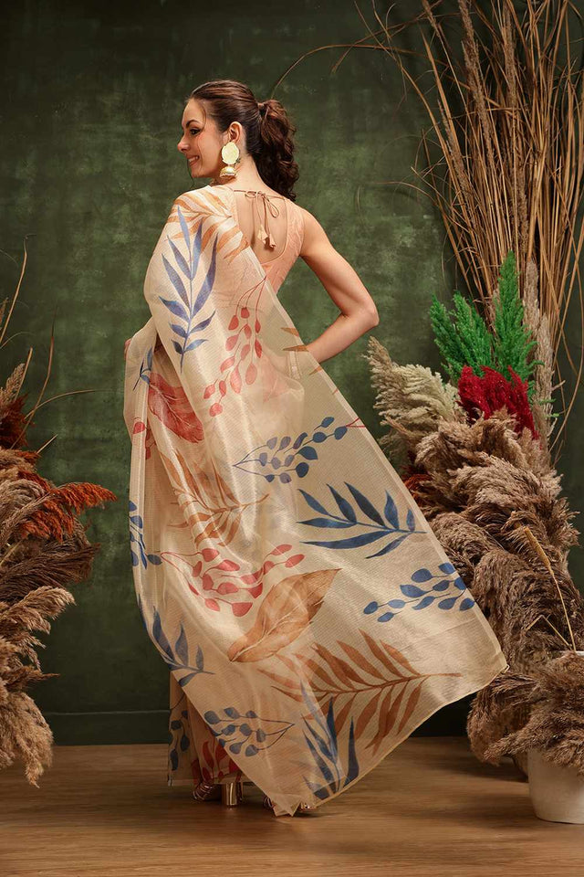 Beige Floral Printed Tissue Saree