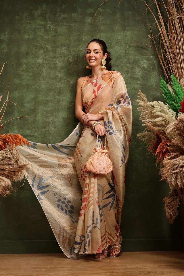Beige Floral Printed Tissue Saree