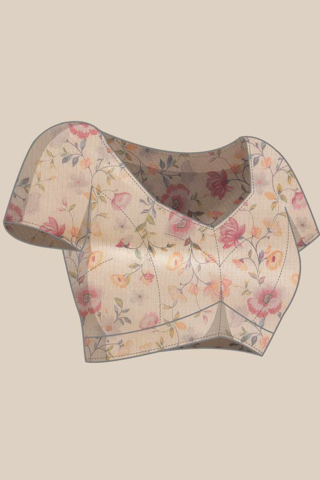 Beige Floral Printed Tissue Saree
