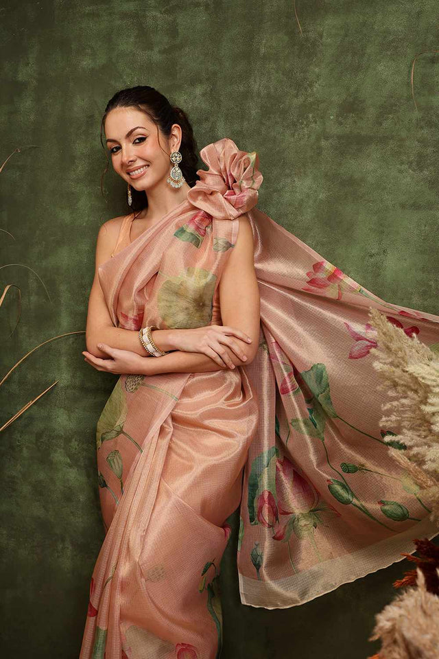 Orange Floral Printed Tissue Saree