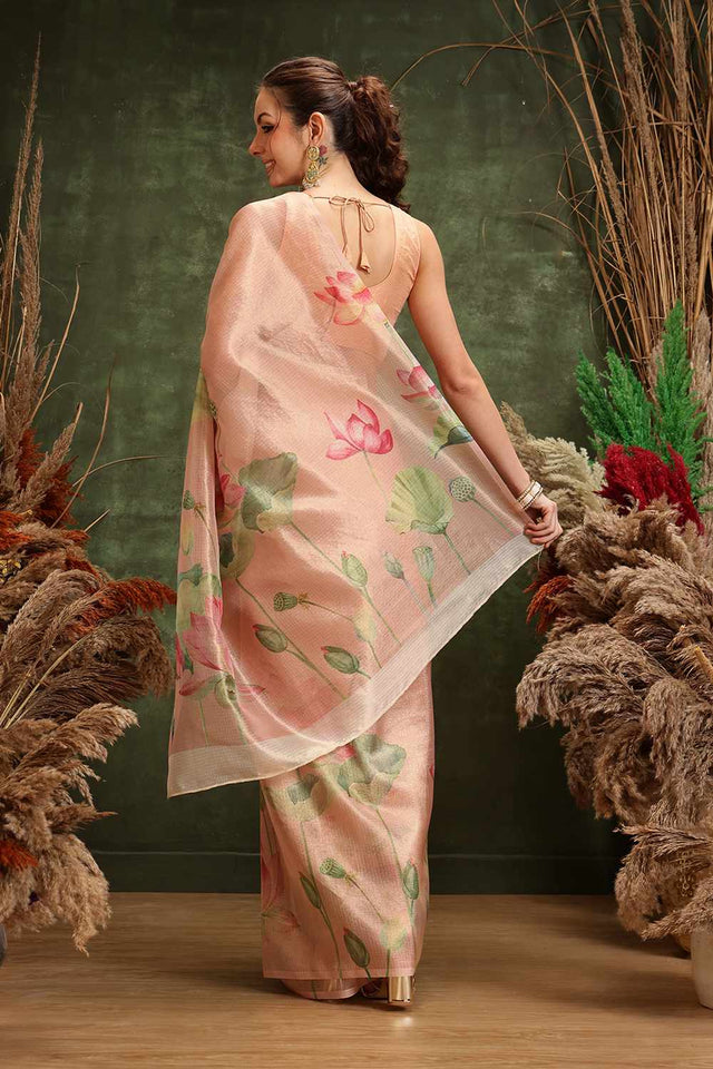 Orange Floral Printed Tissue Saree