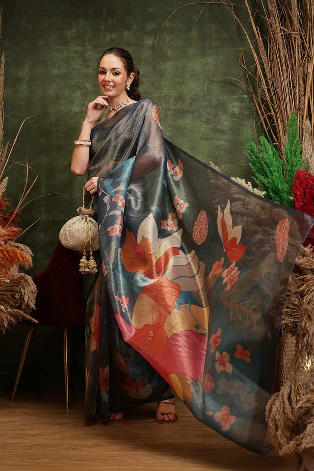 Turquoise Floral Printed Tissue Saree