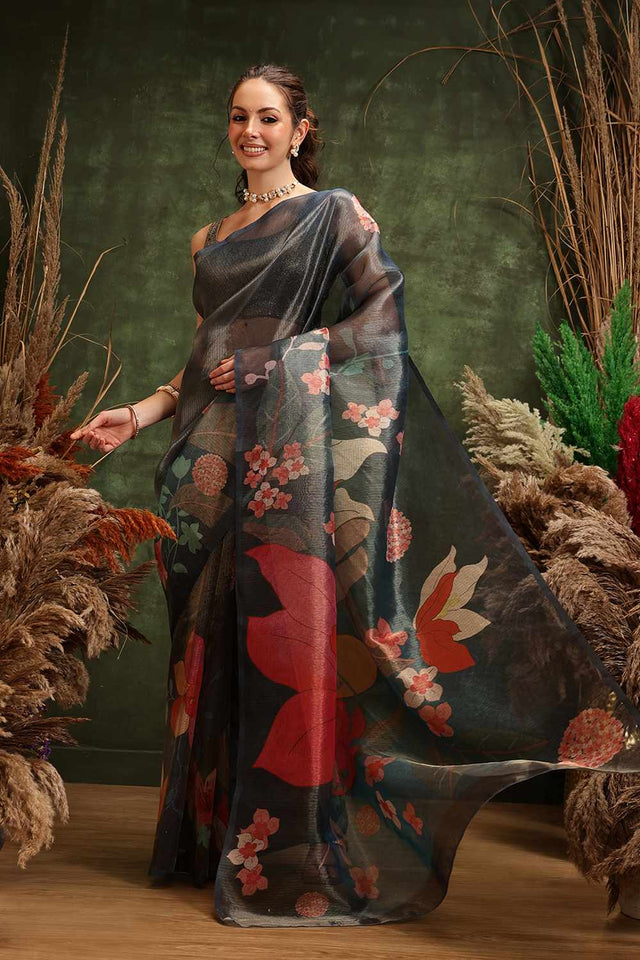 Turquoise Floral Printed Tissue Saree