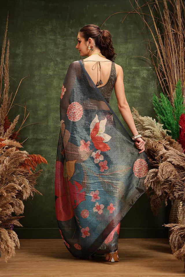 Turquoise Floral Printed Tissue Saree