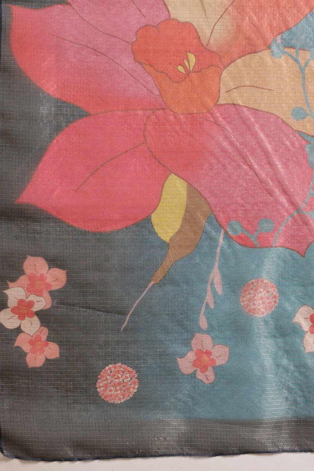 Turquoise Floral Printed Tissue Saree